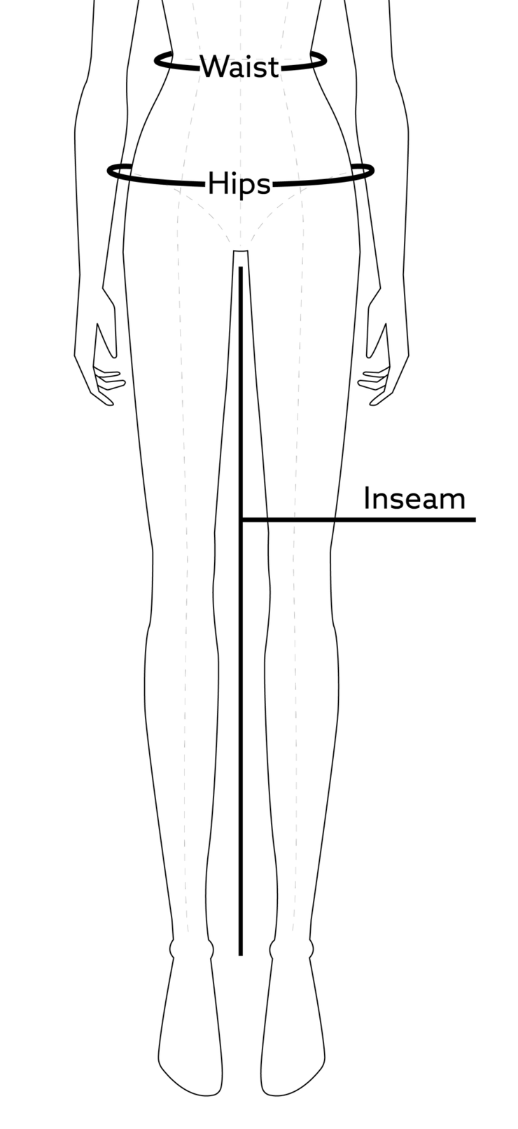 A silhouette of a mannequin with lines on the waist and hips indicating where to measure.