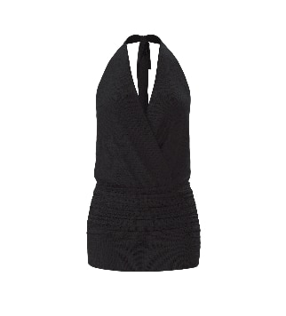Black halter mini dress.