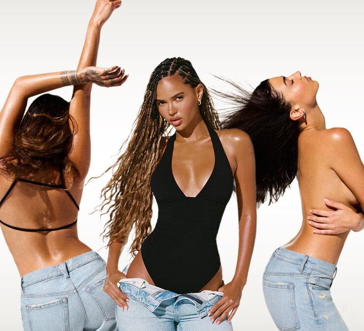 Three models pose in various tank tops, denim shorts, skirts, and pants. 
