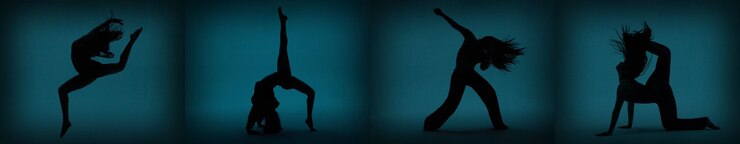 Silhouettes of models dancing and posing with a teal backdrop.