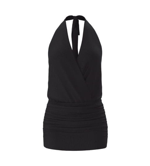 Black halter neck mini dress.